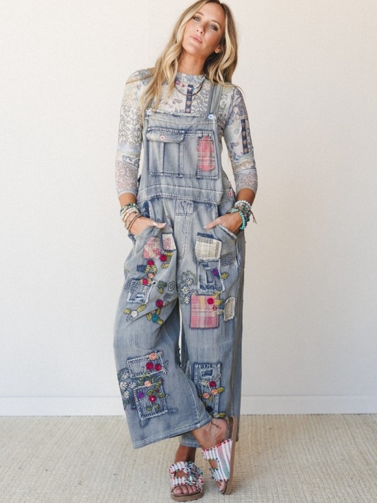 Blue Velvet Denim - Blue Velvet | Light Blue Embroidered Denim One-Piece Overalls Sz M